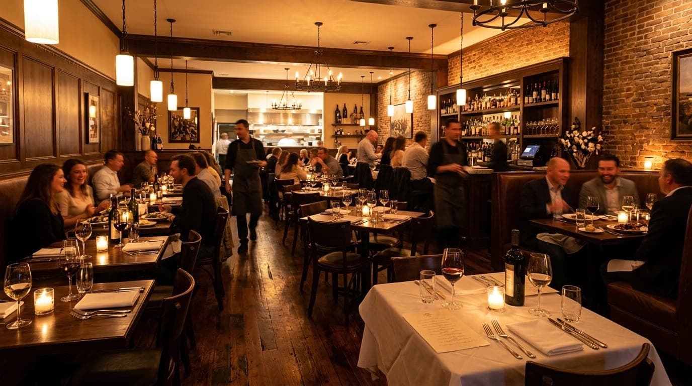 Warm, bustling independent restaurant dining room at dinner service