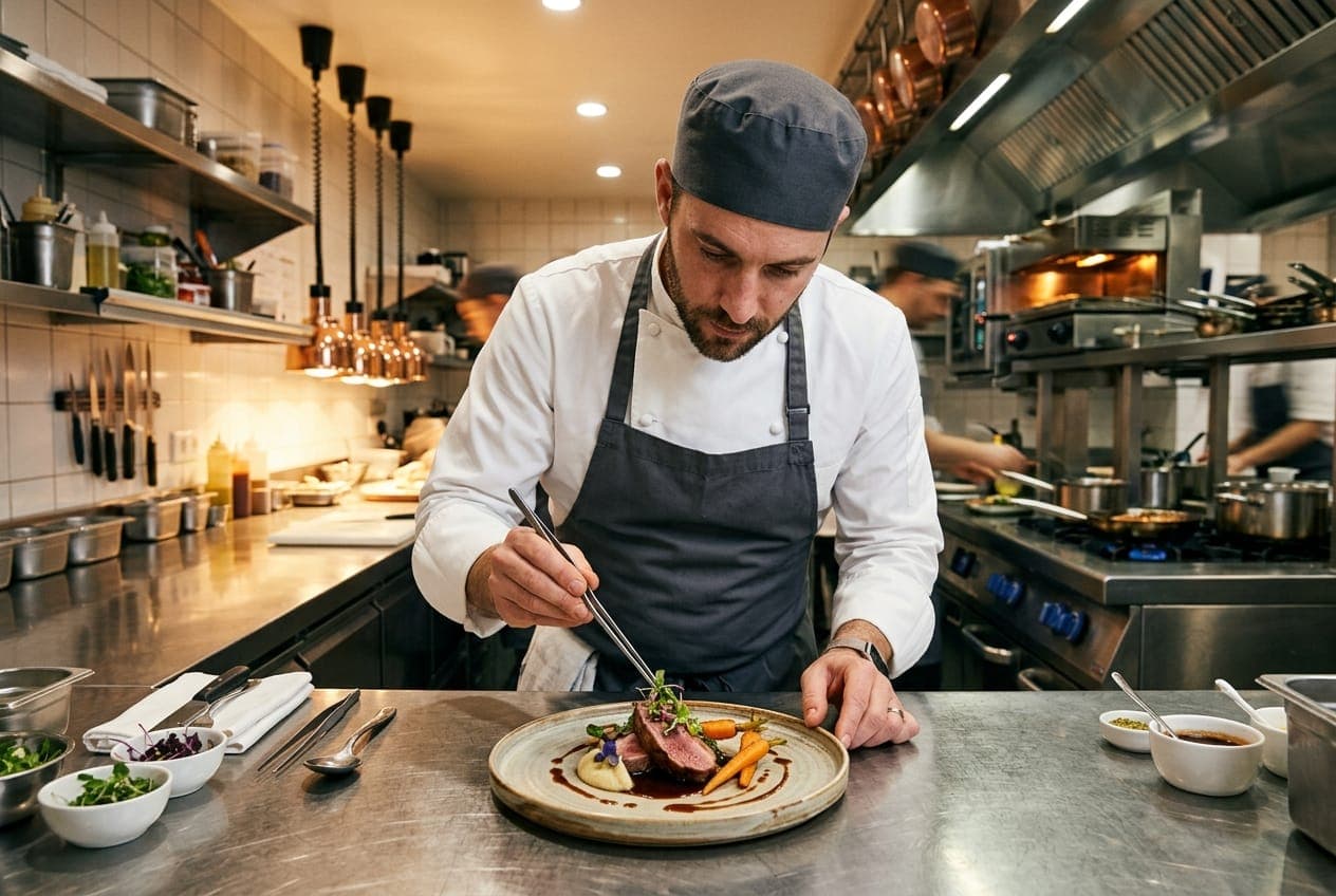 Restaurant chef precisely plating a dish in a professional kitchen