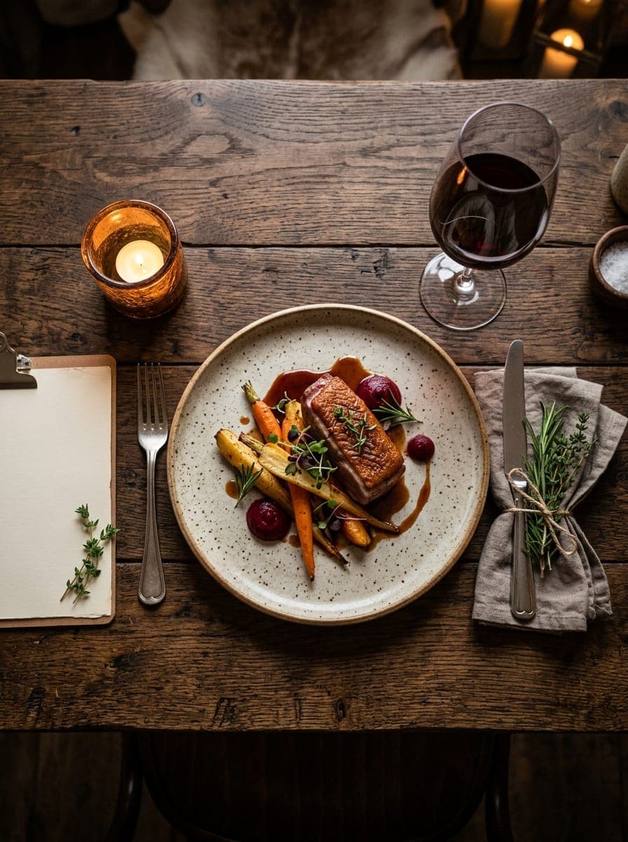 Beautifully plated restaurant dish with wine and candle on a rustic table